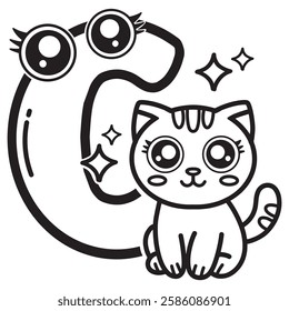 Learning card alphabet. Letter C. Cute cartoon illustrations. Coloring page