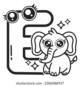 Learning card alphabet. Letter E. Cute cartoon illustrations. Coloring page