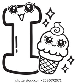 Learning card alphabet. Letter I. Cute cartoon illustrations. Coloring page