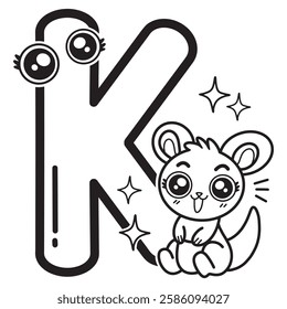 Learning card alphabet. Letter K. Cute cartoon illustrations. Coloring page