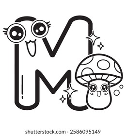 Learning card alphabet. Letter M. Cute cartoon illustrations. Coloring page
