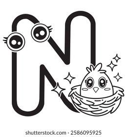 Learning card alphabet. Letter N. Cute cartoon illustrations. Coloring page