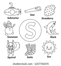 Learning card alphabet. Letter S. Set of cute cartoon illustrations. Coloring page.
