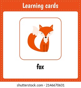 Learning cards for kids. Animals. Fox. Educational worksheets for kids. Preschool activity