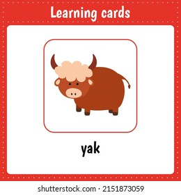 Learning cards for kids. Animals. Yak. Educational worksheets for kids. Preschool activity
