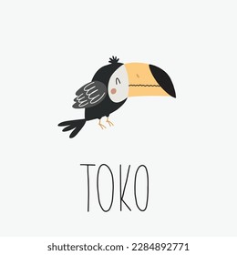 Learning cards for kids education. Learn word with transcription. Toucan. Bird. Educational worksheets for kids. Preschool activity