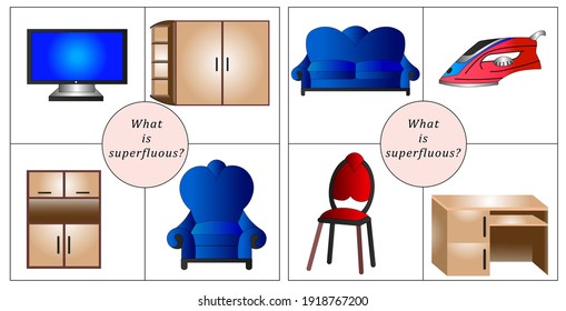 Learning cards for kids. It is necessary to find one extra item among the four proposed options.