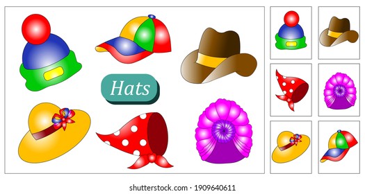 Learning cards for kids. You can learn colors, types of hats, names of objects. Small cards can be cut out and used for a variety of tasks.