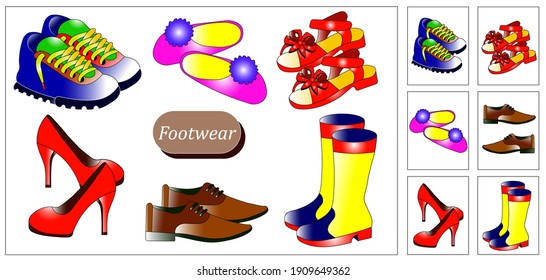 Learning cards for kids. You can learn colors, types of shoes, names of objects. Small cards can be cut out and used for a variety of tasks.