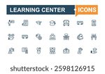 Learning Center icon collection. Included university, paint, book, knowledge, school, learn and more. School vector line icon set. Line symbol. Solid line editable stroke. Vector illustration.