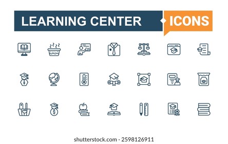 Learning Center icon collection. Included university, paint, book, knowledge, school, learn and more. School vector line icon set. Line symbol. Solid line editable stroke. Vector illustration.