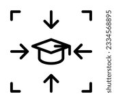 Learning Center Icon. Graduation cap placed in the center with arrows. Simple design. Line vector. Isolate on white background.