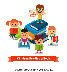 Learning children and education concept. Happy smiling kids exploring big books full of knowledge. Flat style vector concept illustration.