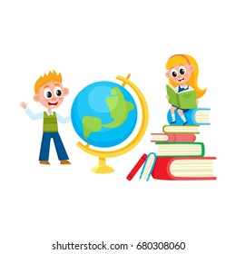 Learning children, girl reading, boy studying globe, back to school, cartoon vector illustration isolated on white background. Reading girl, boy with globe, children learn, back to school concept