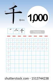 Learning Chinese vocabulary , Learn how to write Chinese Character, Exercises,Chinese Alphabet exercise with cartoon vocabulary illustration, A4 paper scale ready to print.  Translate: Thousand/1000.