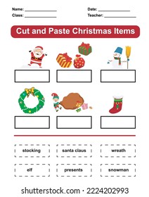 Learning Christmas item worksheet. Cut and paste activity. Educational sheet for preschool.  Vector illustration.