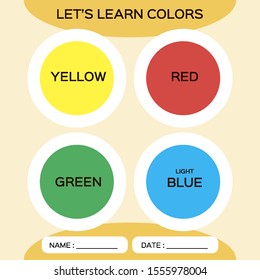 Learning circle shapes with color for kids education. Yellow, red, green, blue. Special for preschool kids. Activity Worksheet. Orange background.