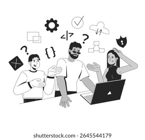 Learning to code in group line illustration concept. IT school course. Collaborative development. Diverse programming team discussion outline 2D characters isolated. Ink linear metaphor vector art