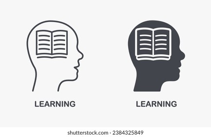 Learning, Cognition, Wisdom, Idea, Knowledge, Education Silhouette and Line Icon Set. Book in Human Head Pictogram. Intelligent Brain Symbol Collection. Isolated Vector Illustration.