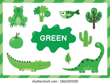 Learning the color green. Educational poster for kids. Primary colors with funny cartoon elements. Learning material for toddlers. Worksheet with main colours for kindergarten. Vector illustration