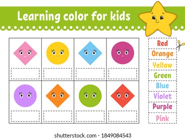 Aprendiendo color para los niños. Educación desarrollando hoja de trabajo. Página Actividad con imágenes de color. Riddle por los niños. Ilustración vectorial aislada. Carácter gracioso. Estilo de caricatura.