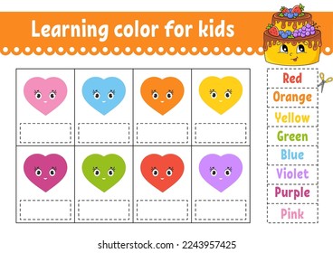 Aprendiendo color para los niños. Educación desarrollando hoja de trabajo. Página Actividad con imágenes de color. Riddle por los niños. Carácter gracioso. estilo de dibujos animados. Ilustración vectorial.