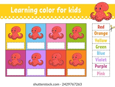 Learning color for kids. Education developing worksheet. Activity page with color pictures. Riddle for children. Funny character. cartoon style. Vector illustration.