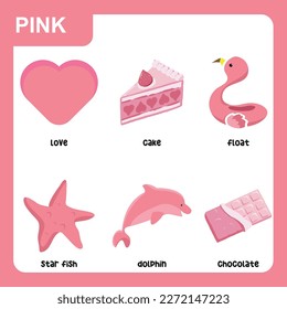 Learning the color pink for children. Ready to print educational poster or page. Learning material for toddlers. Worksheet with main colours for kindergarten. Vector file.