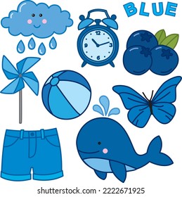 Learning colors. Blue color flashcard for kids with different blue pictures.
