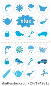 Learning colors blue. Cut and glue educational children game. Matching game worksheet for kids. Match by color.