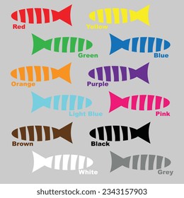 Learning colors for children, fun education game for kids, colorful fishes, preschool worksheet activity, vector