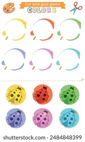 Learning colors. Cut and glue educational children game. Matching game worksheet for kids. Match by color.	Leaves and ladybugs.