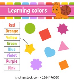 Learning colors. Education developing worksheet. Activity page with pictures. Game for children. Isolated vector illustration. Funny character. Cartoon style.