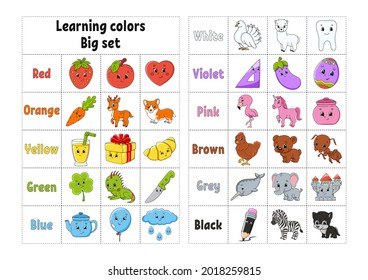 Learning colors. Education developing worksheet. Activity page with pictures. Game for children. Isolated vector illustration. Funny character. Coon style.