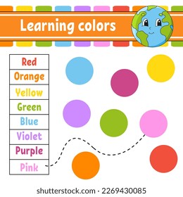 Learning colors. Education developing worksheet. Activity page with pictures. Game for children. Funny character. cartoon style. Vector illustration.