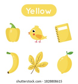 Learning colors flash card for preschool kids. Yellow color. All objects in yellow color. Printable worksheet. 