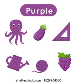 Learning Colors Flash Card For Preschool Kids. Purple Color. All Objects In Purple Color. Printable Worksheet. 