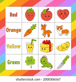 Farben lernen. Flashcard für Kinder. Cute Cartoon-Figuren. Bildset für Vorschulkinder. Unterrichtsblatt. Vektorgrafik.