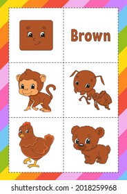 Learning colors. Flashcard for kids. Cute cartoon characters. Picture set for preschoolers. Education worksheet. Vector illustration.