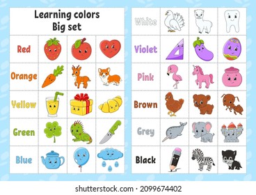 Aprendiendo colores. Tarjeta para niños. Personajes de dibujos animados. Imagen para preescolares. Hoja de trabajo de educación. Ilustración vectorial.