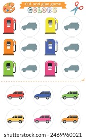 Learning colors green, blue, red, yellow, orange, pink Cut and glue educational children game. Matching game worksheet for kids. Match by color. Cars and gas stations