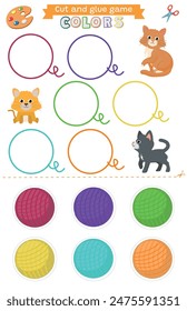 Learning colors green, blue, red, yellow, pink,purple,orange  Cut and glue educational children game. Matching game worksheet for kids. Match by color. Cats and balls
