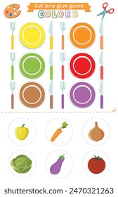 Learning colors green, brown, red, yellow, orange, purple Cut and glue educational children game. Matching game worksheet for kids. Match by color. plates and vegetables