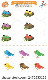 Learning colors green, brown, red, yellow, pink, black Cut and glue educational children game. Matching game worksheet for kids. Match by color. Birds and nests