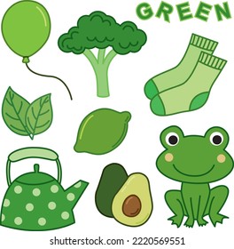 Learning colors. Green color flashcard for kids with different green pictures.