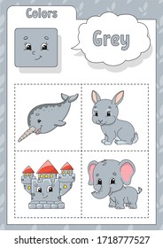 Learning colors. Grey color. Flashcard for kids. Cute cartoon characters. Picture set for preschoolers. Education worksheet. Vector illustration.