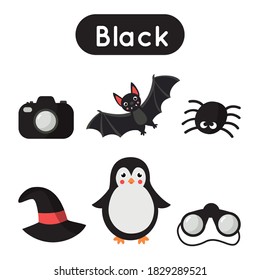 Learning colors for kids. Black color flash card. Educational material for children. Set of objects in black color.