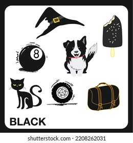 learning colors for kids black objects. Education about color. Vector illustration file. printable learning color worksheet