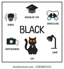 Aprendiendo colores para los niños. Objetos negros con nombres. Color negro. Tarjeta didáctica para niños. 