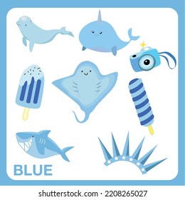 aprendiendo colores para los niños objetos azules. Educación sobre el color. Archivo de ilustración del vector. hoja de cálculo de color de aprendizaje imprimible